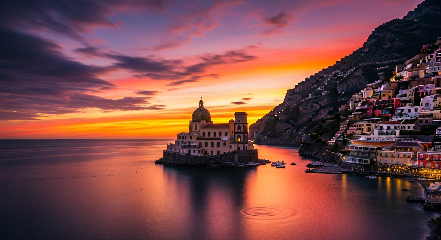 Positano por do sol costa
