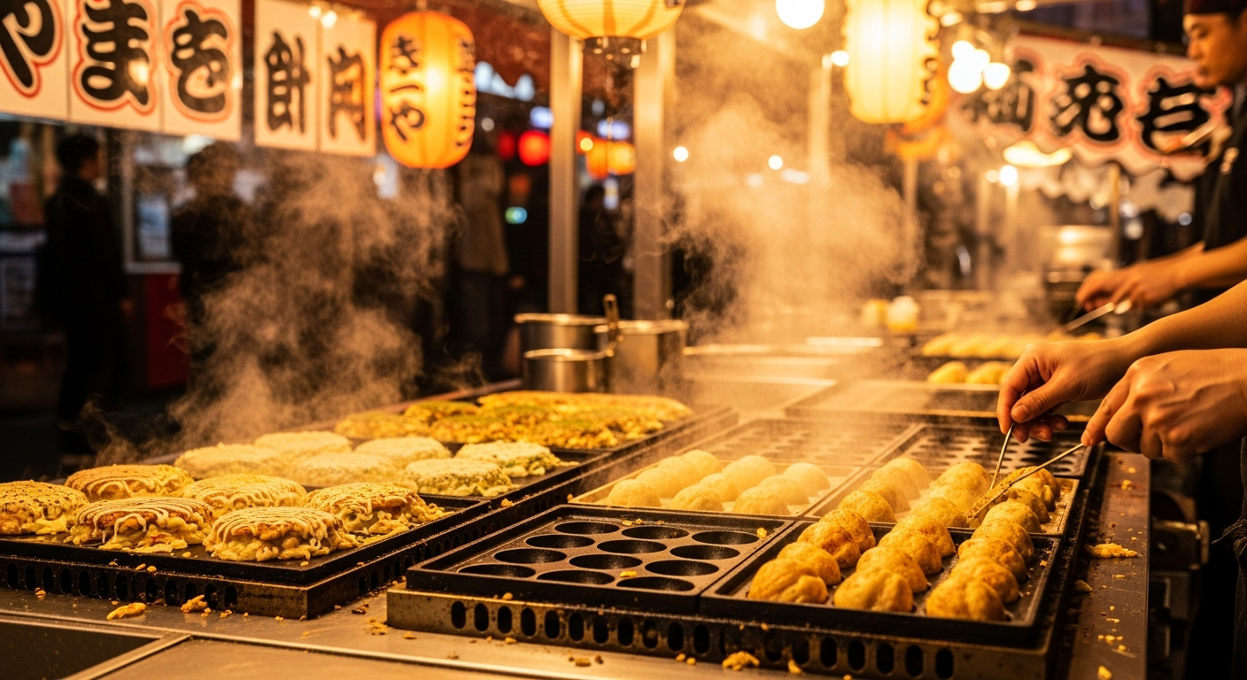 Osaka comida rua takoyaki okonomiyaki