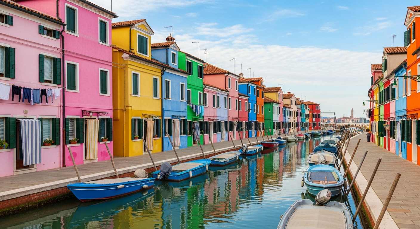 Venice Burano casas coloridas reflexo água