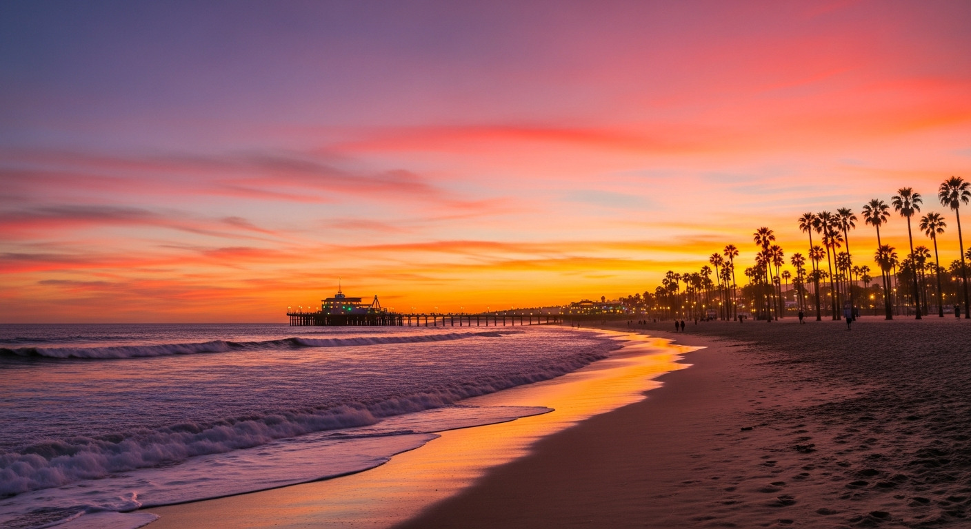 Praia de Santa Monica em Los Angeles com por do sol