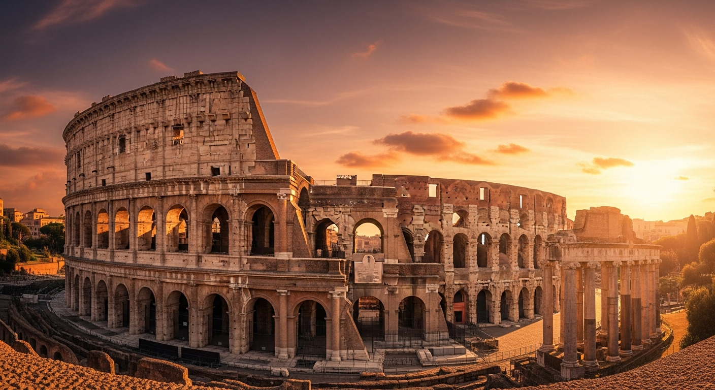 Roma: Coliseu ao amanhecer com luz dourada