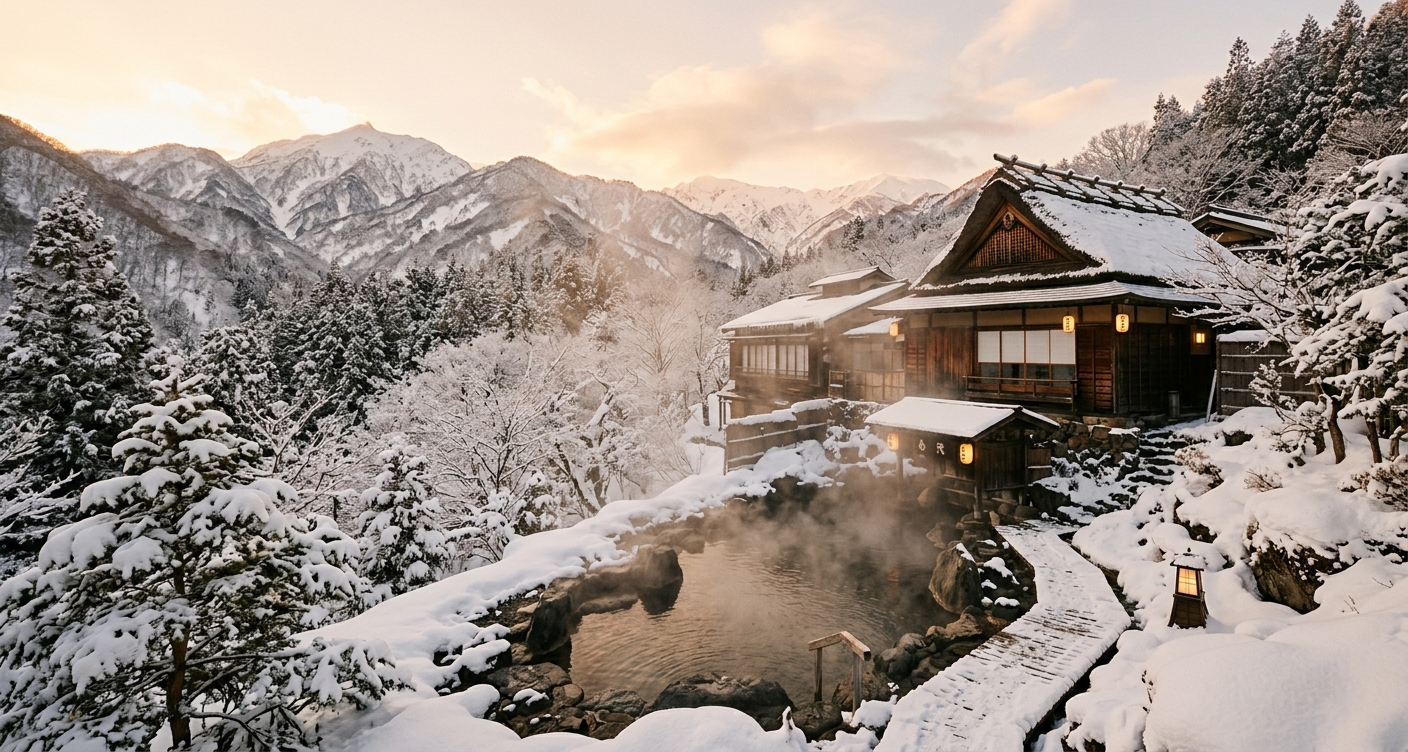 Inverno neve onsen Japao
