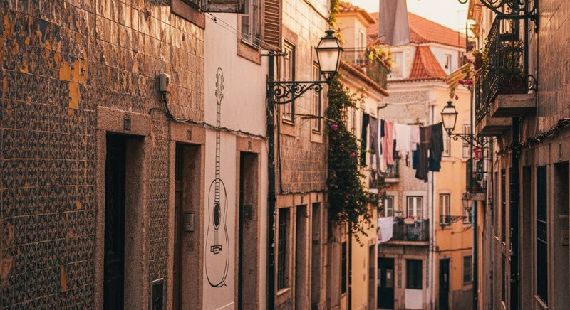 Ruas de Alfama com azulejos e fado de Lisboa