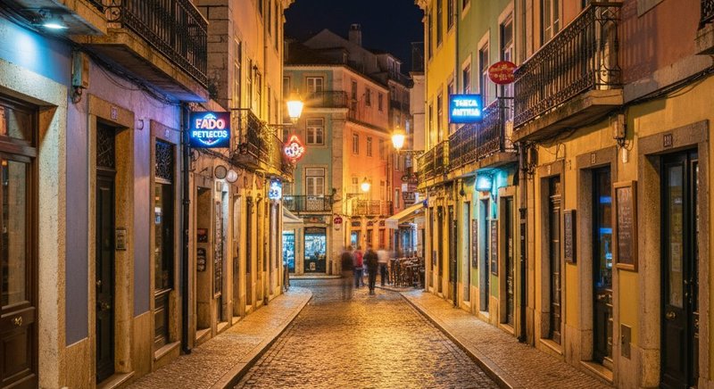 Bairro Alto à noite com vida noturna de Lisboa