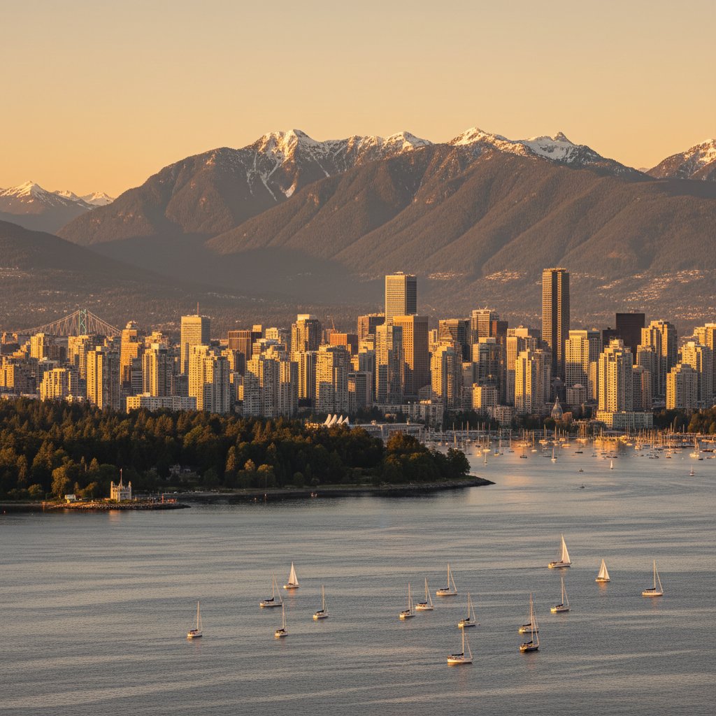 Vista de Vancouver com Coal Harbour, hidroaviões e as montanhas de North Shore ao fundo, Canadá em 2026