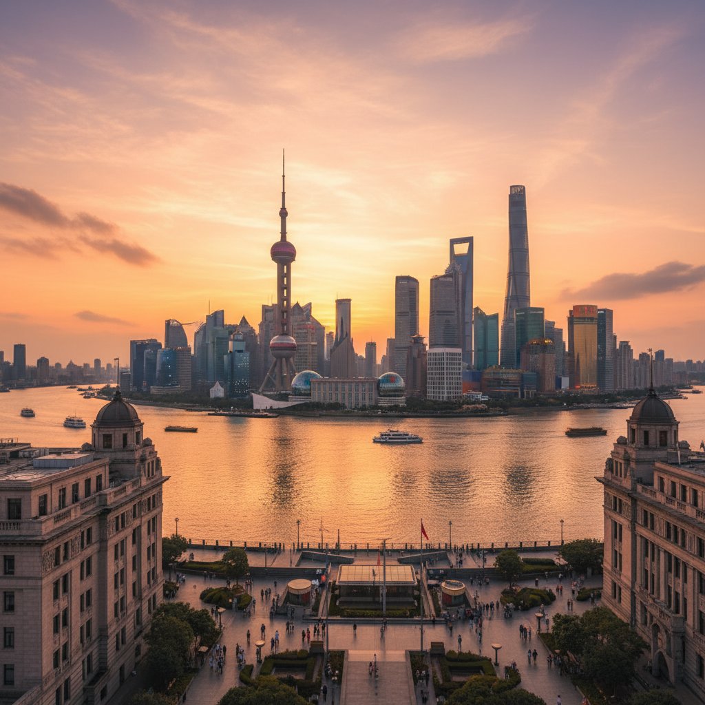 Skyline de Pudong visto do Bund em Shanghai ao entardecer
