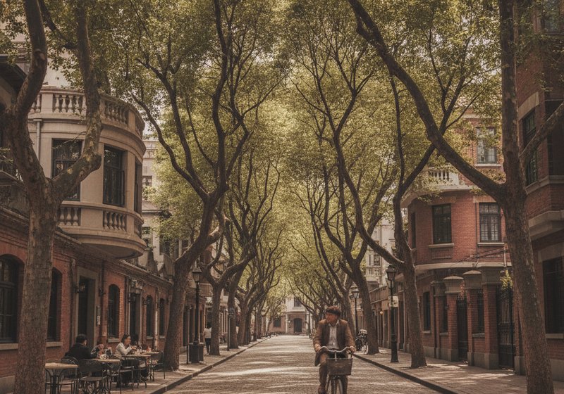 Rua arborizada de plátanos na concessão francesa de Shanghai com café na calçada