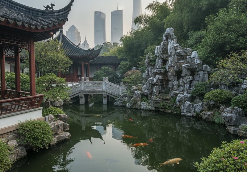 Jardim clássico Yu Garden em Shanghai com pavilhões e os arranha-céus de Pudong ao fundo