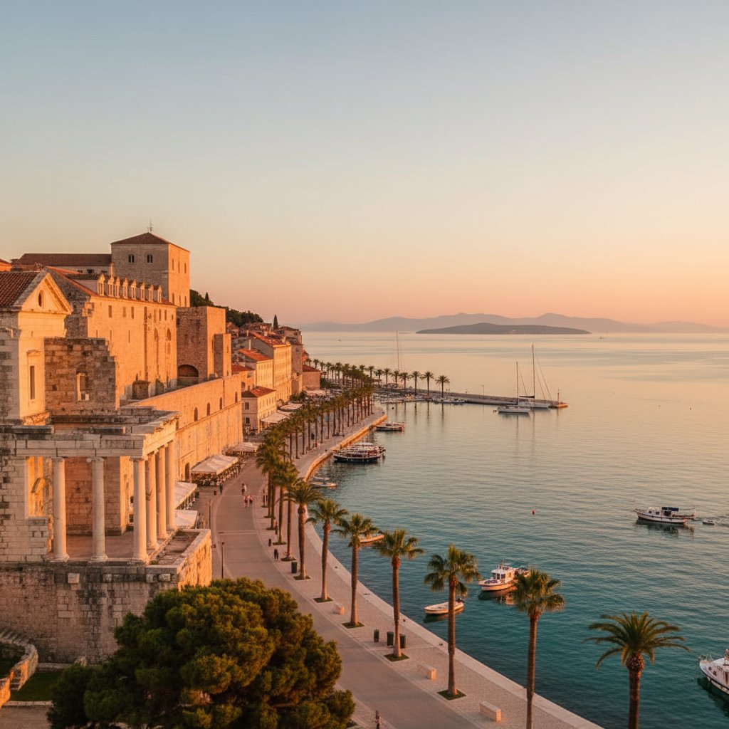 Vista do Palácio de Diocleciano em Split com a Catedral de São Domnius e o porto da Dalmácia ao fundo, Croácia em 2026