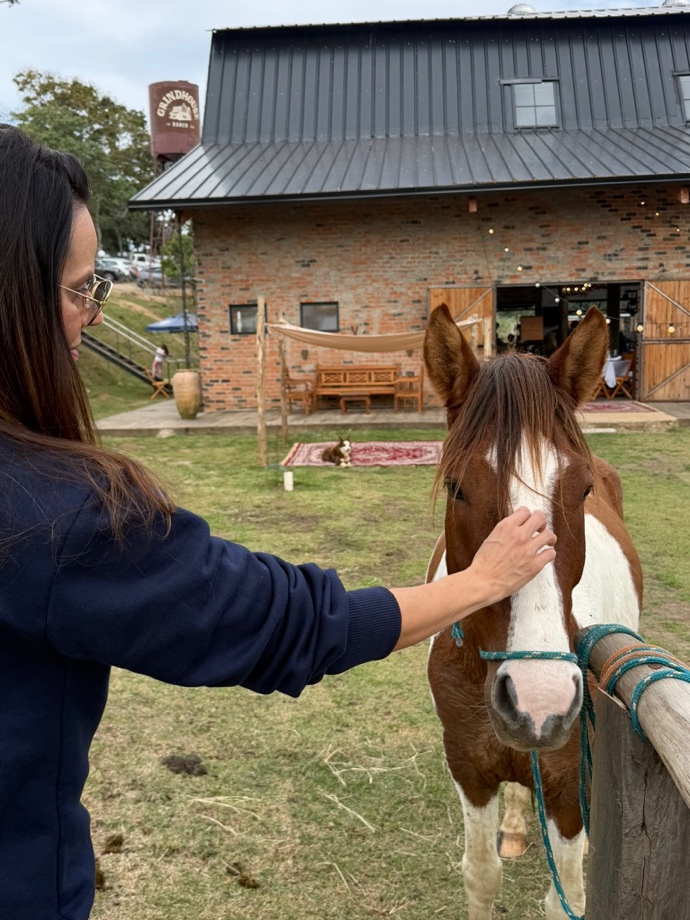 Hóspede fazendo carinho num cavalo arreado em frente ao Punta Blanca Ranch, com a caixa d'água Grindhouse ao fundo