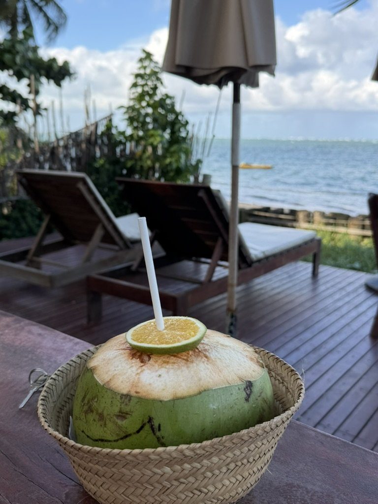 Água de coco servida na espreguiçadeira de frente para o mar na Praia do Patacho