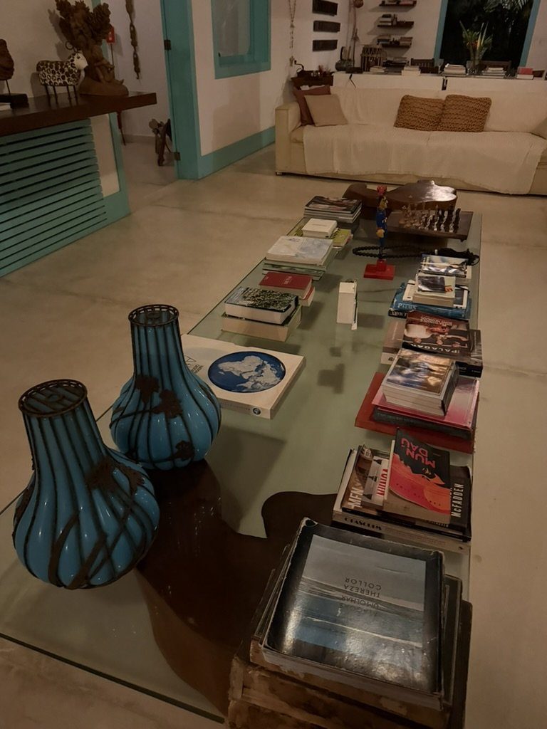 Sala de estar da Casa Brasileira repleta de livros e arte, com vasos azul turquesa